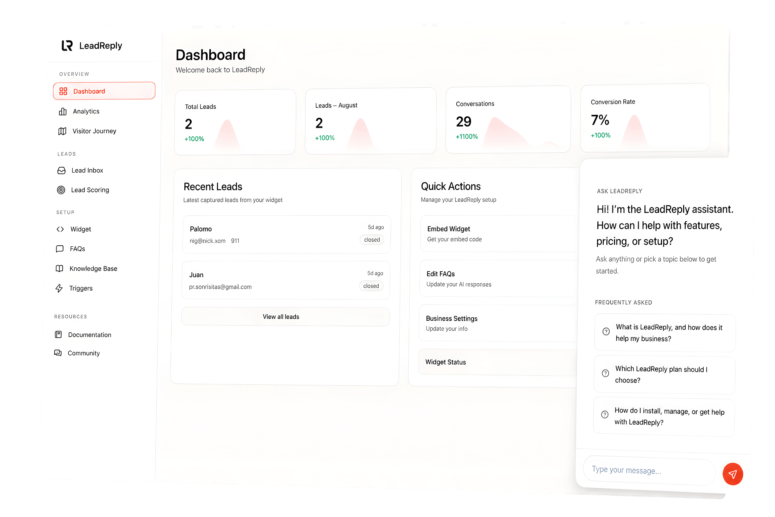 LeadReply dashboard with metrics, recent leads, and the AI assistant open